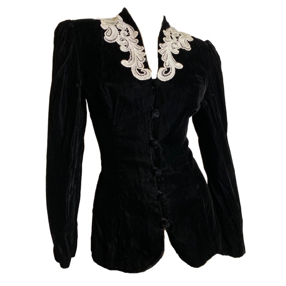 1980s Black Velvet Nipped Waist Jacket with Lace Trim Jessica McClintock